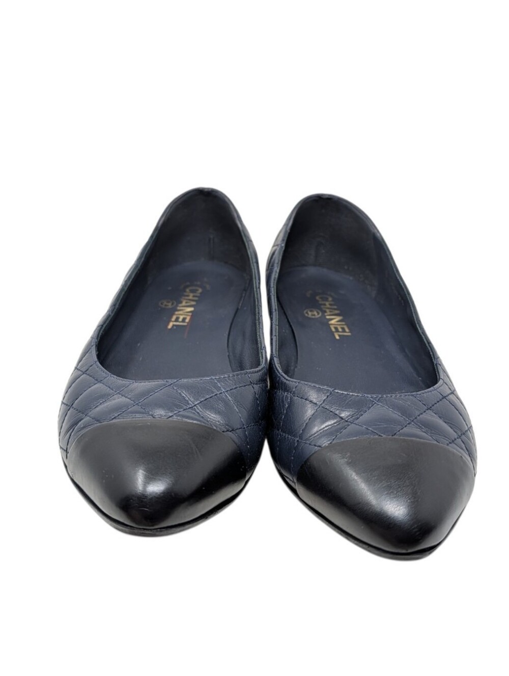 Chanel Navy Blue Quilted Cap Toe Camellia Charm Ballerina Flat Size EU 40.5 - Picture 5 of 10